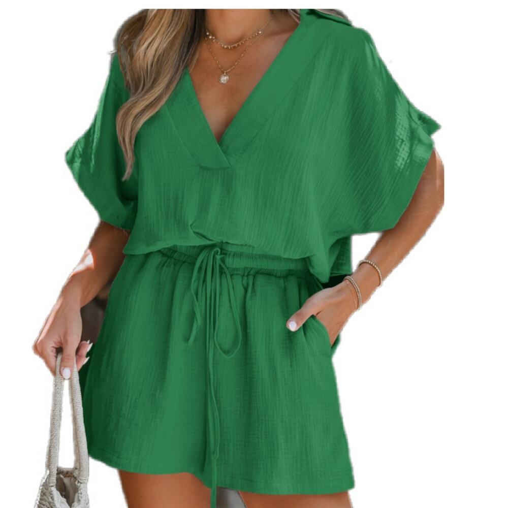 Cupshe Kelly Green Cotton Gauze Romper Drawstring Waist Resort Retro Boho M